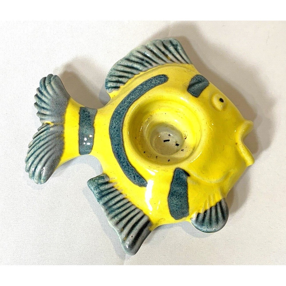 Fish Ceramic Candle‎ Holder Majolica Italy Yellow Blue Tealight Beach Summer